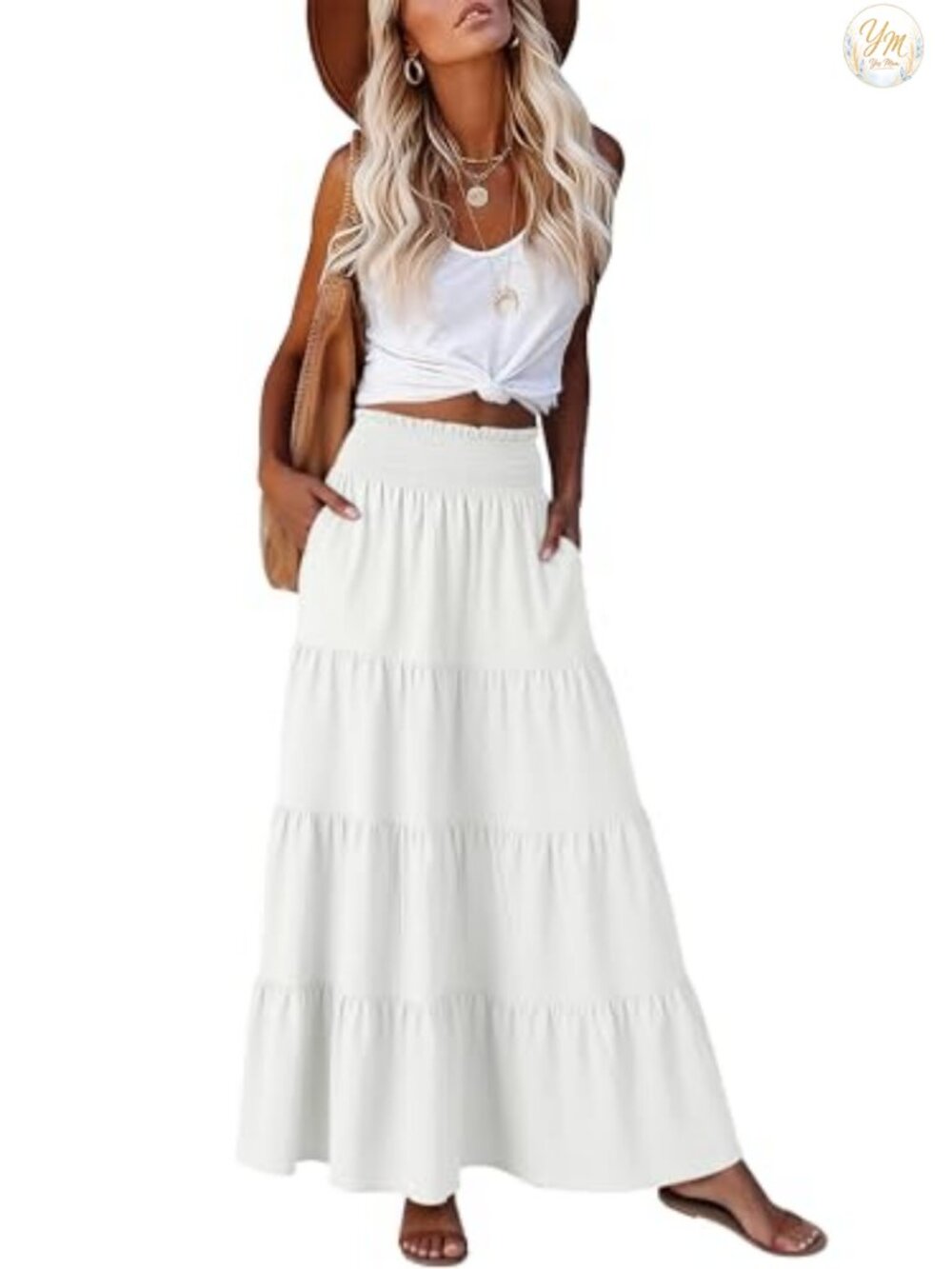 Maxi Skirt High Waist A-Line Tiered Long Flowy with Pockets S-XXL
